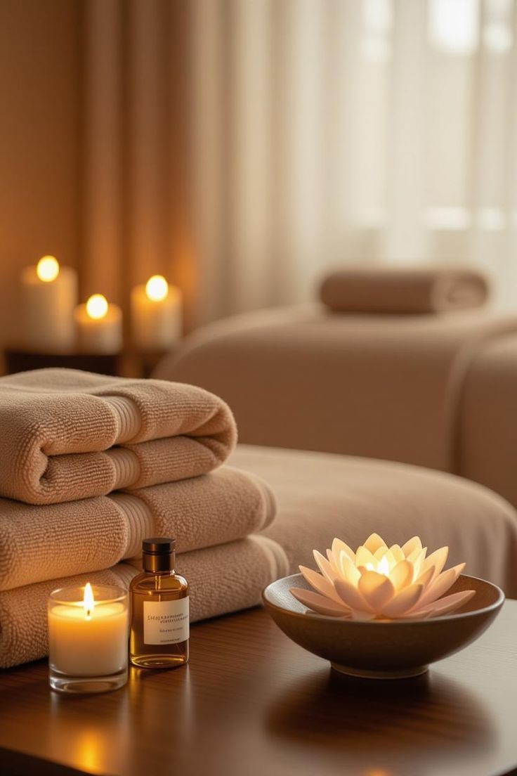 Ambiente preparado para sessão de massagem corporal — toalhas, velas e essências